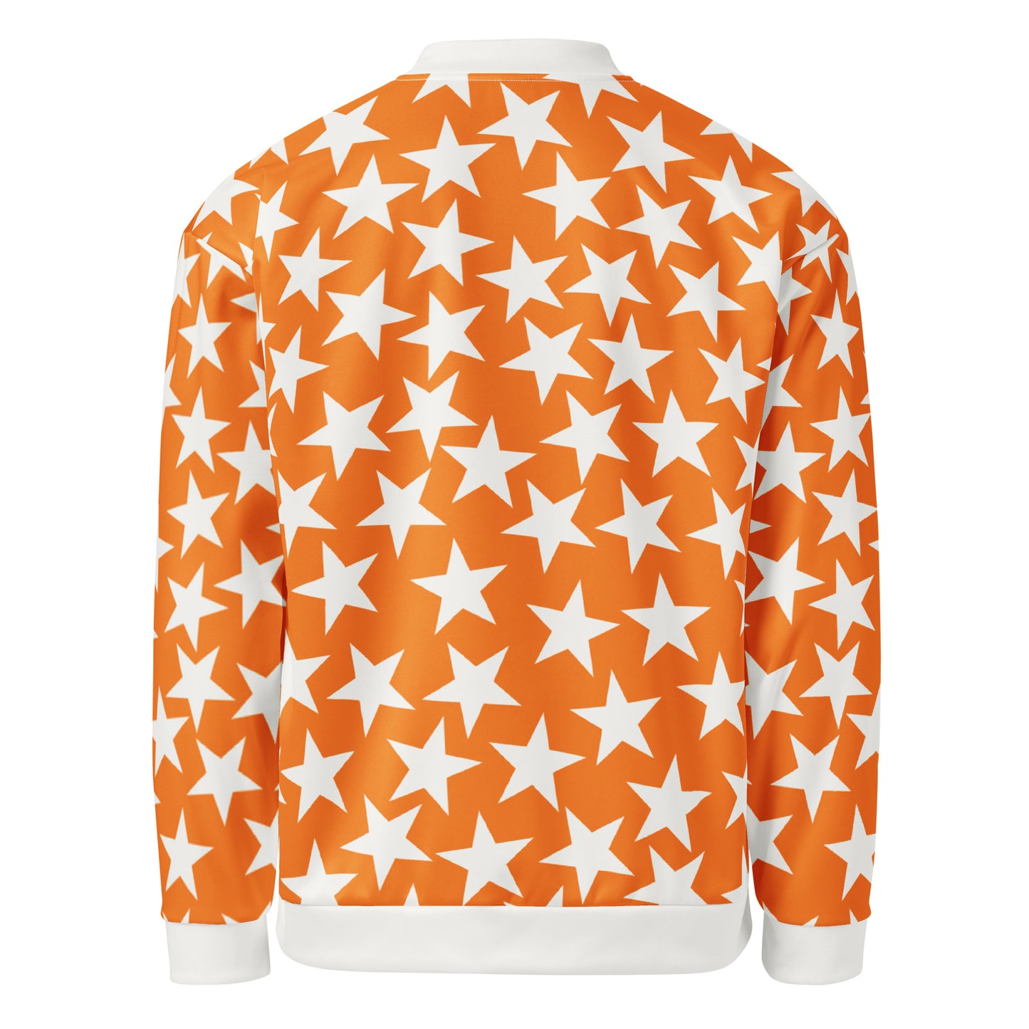 unisex bomber jacket in orange with white stars, collar, waistband and cuffs. Pro wrestling style outfit for men and women with zipper front and pockets.