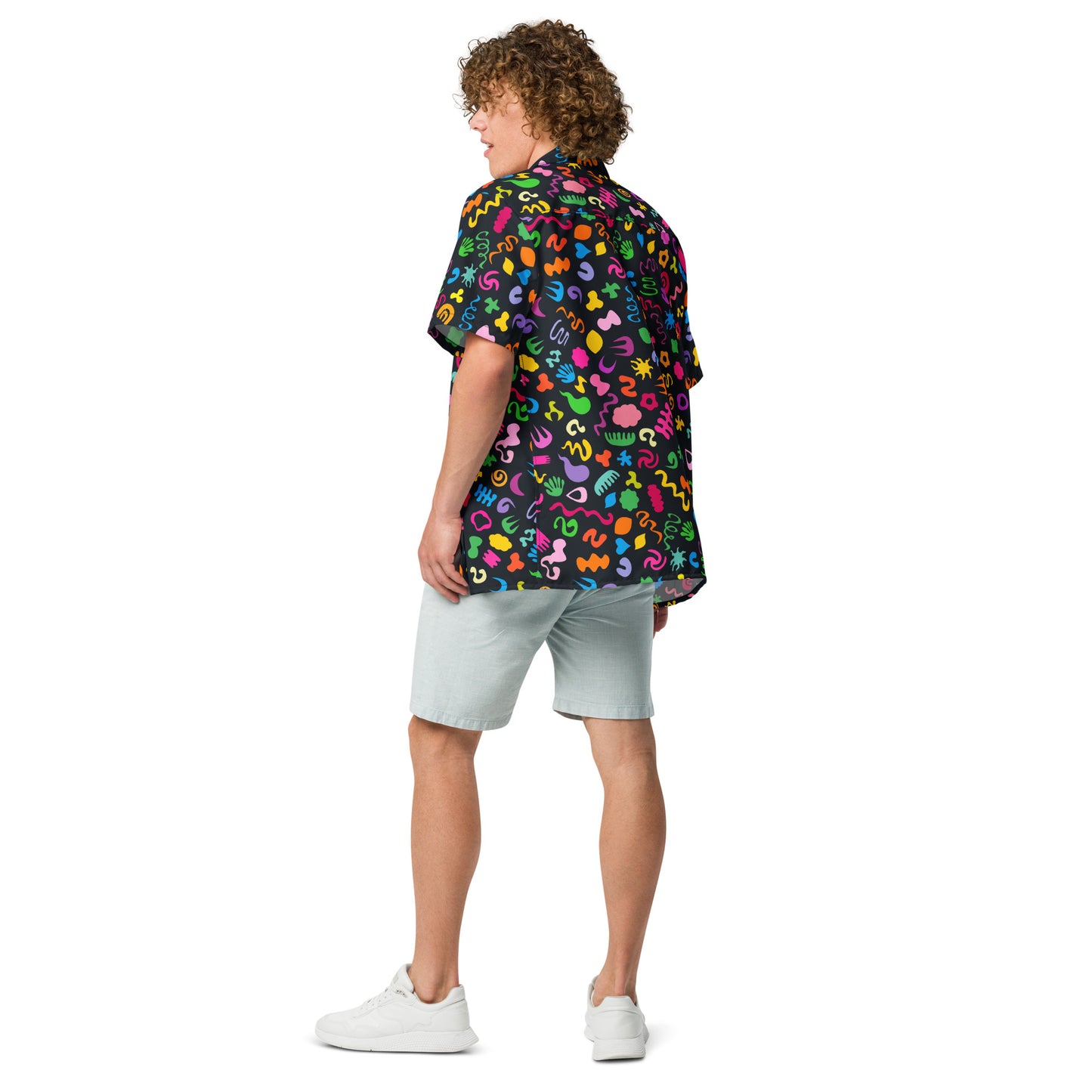 Unisex button shirt with clowncore pattern and retro wrestling aesthetic