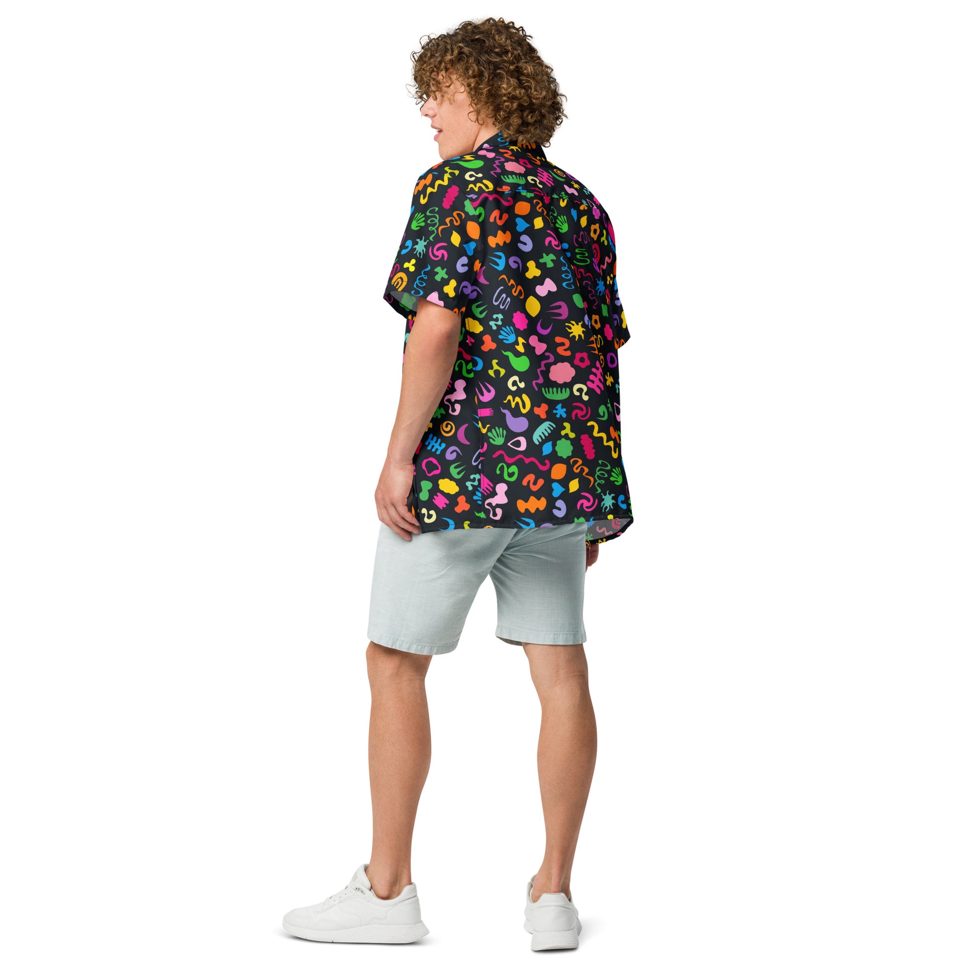 Unisex button shirt with clowncore pattern and retro wrestling aesthetic