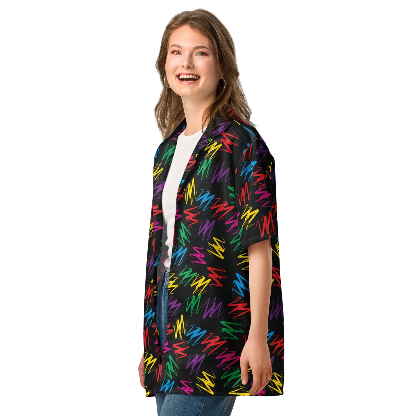 Unisex Zigzags button shirt laid flat, side view