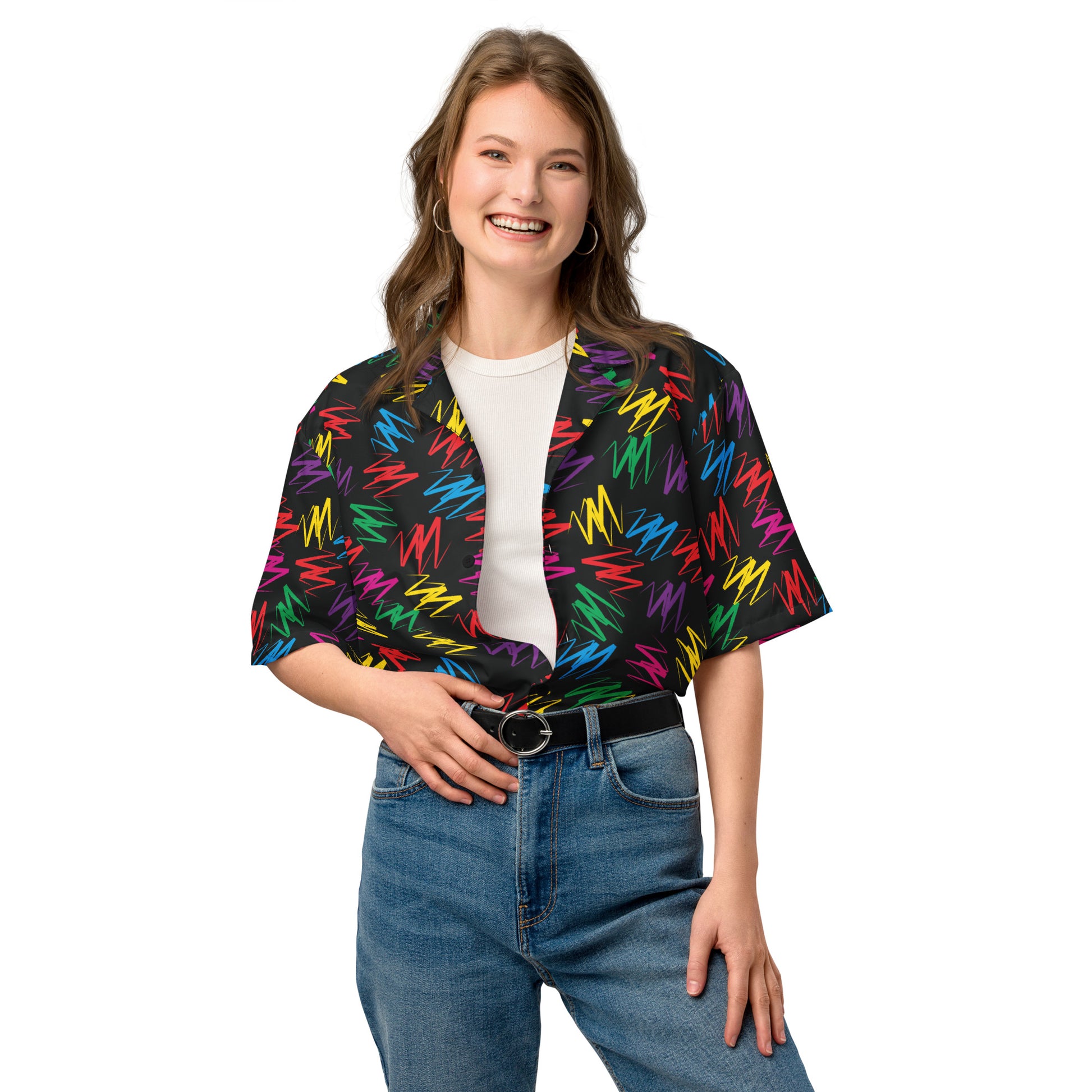 Unisex Zigzags button shirt laid flat, front view