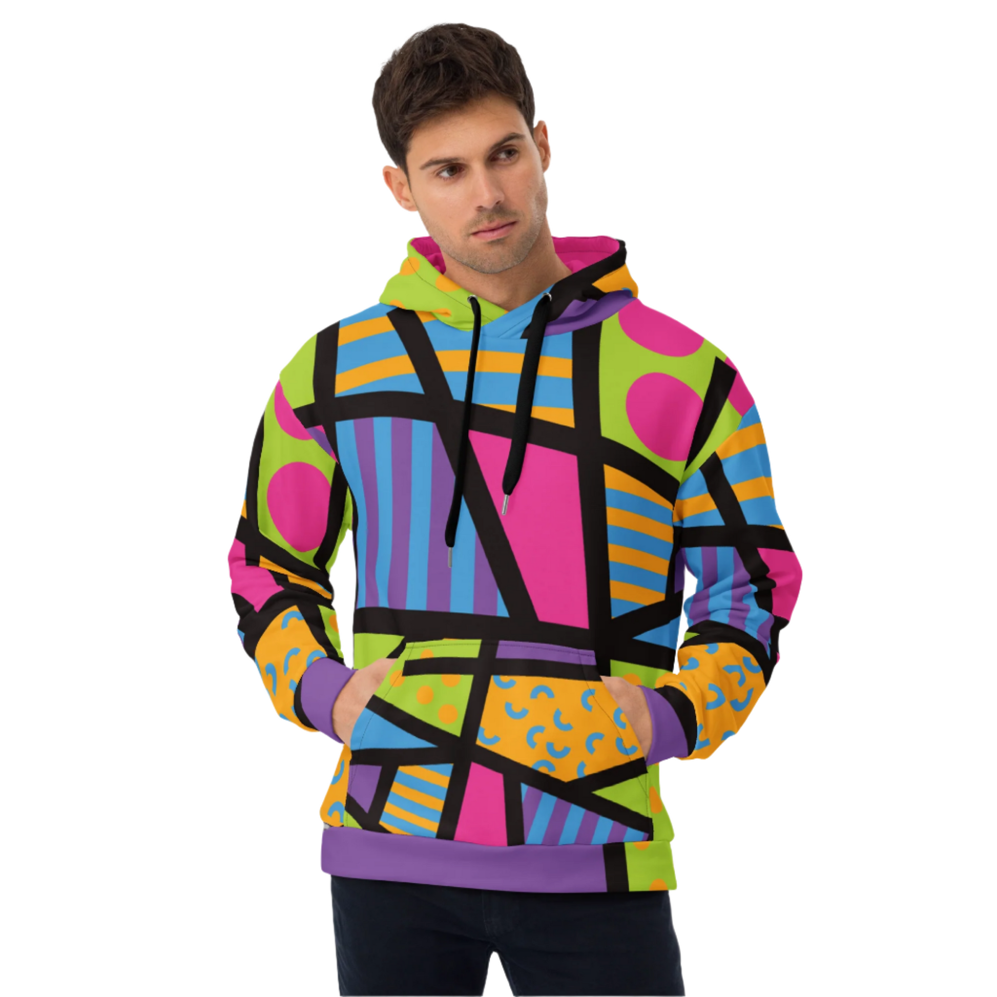 Bright and colorful unisex hoodie with geometric shapes in pink, blue, orange and black. 