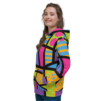 Bright and colorful unisex hoodie with geometric shapes in pink, blue, orange and black. 