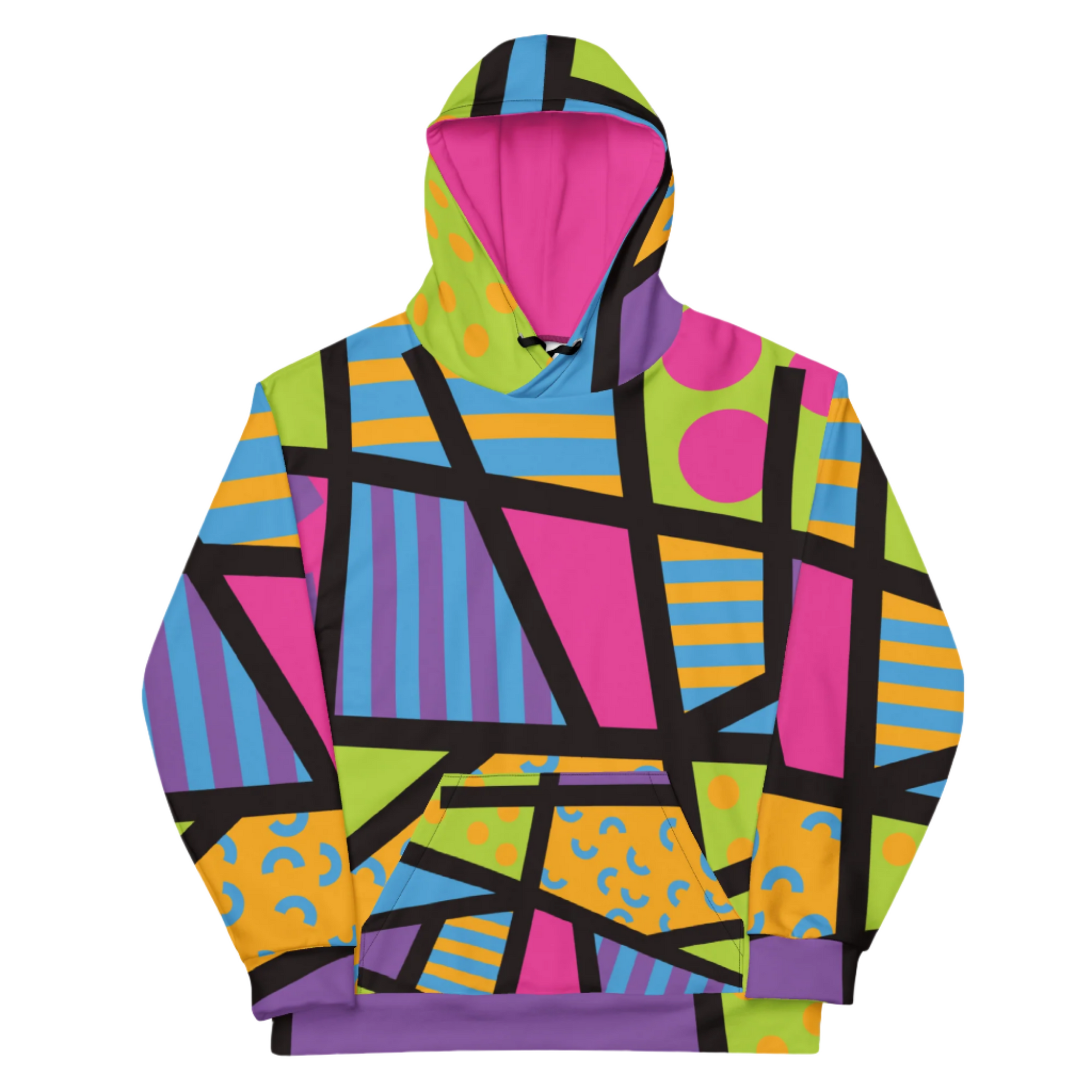 Bright and colorful unisex hoodie with geometric shapes in pink, blue, orange and black. 