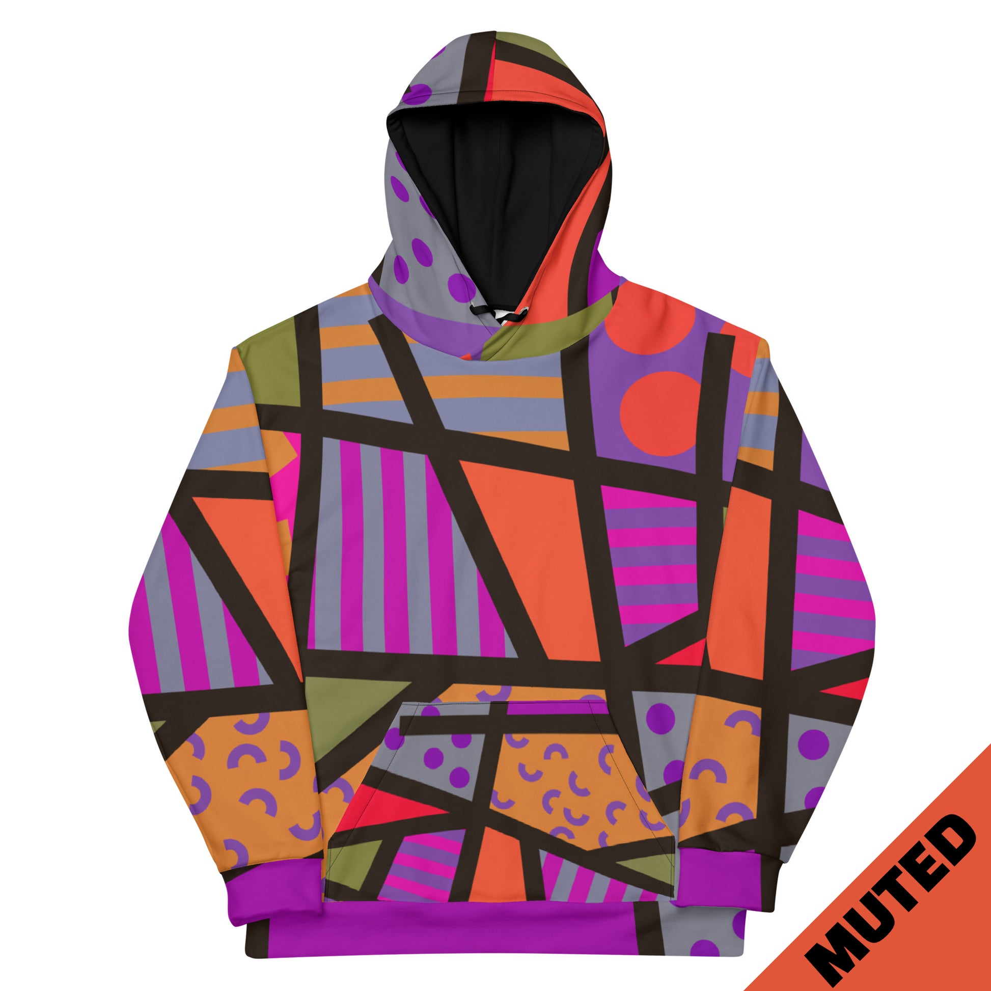 Muted purple and orange geometric patterned unisex hoodie in muted colors. Black ties, kangaroo pocket, long sleeves. 