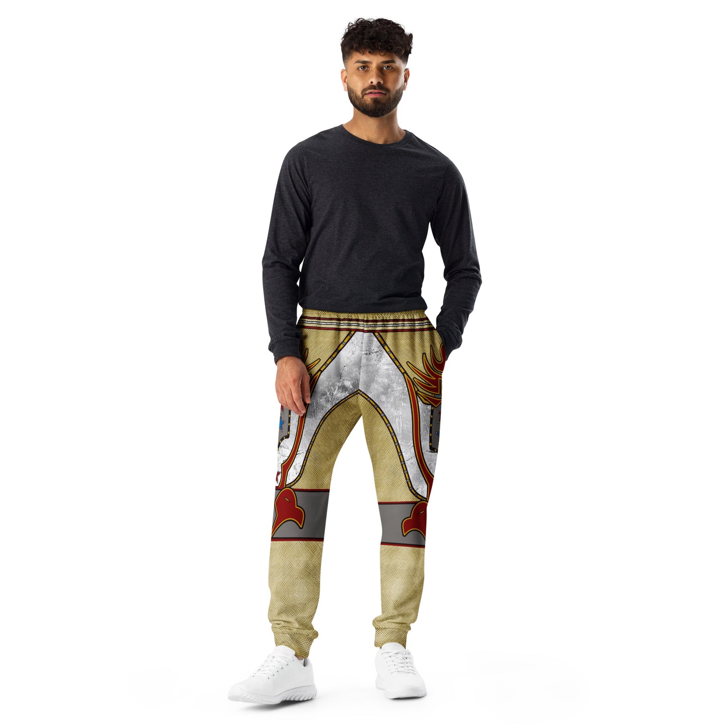Wrestling-inspired joggers front view, bold cosplay-style graphic design