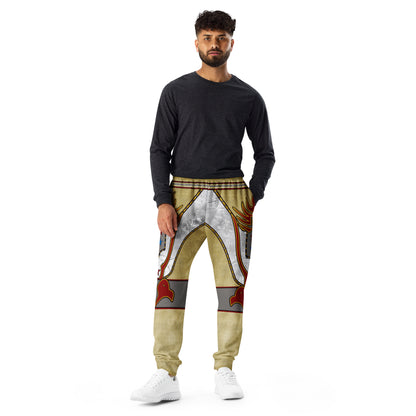Wrestling-inspired joggers front view, bold cosplay-style graphic design