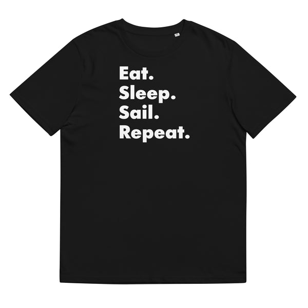 Eat sleep sail repeat funny slogan tee in black for sailing and racing fans and anyone who loves boats and yachts.
