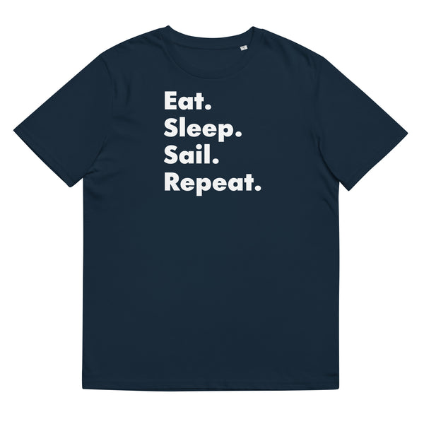 Eat sleep sail repeat funny slogan tee in navy for sailing and racing fans and anyone who loves boats and yachts.