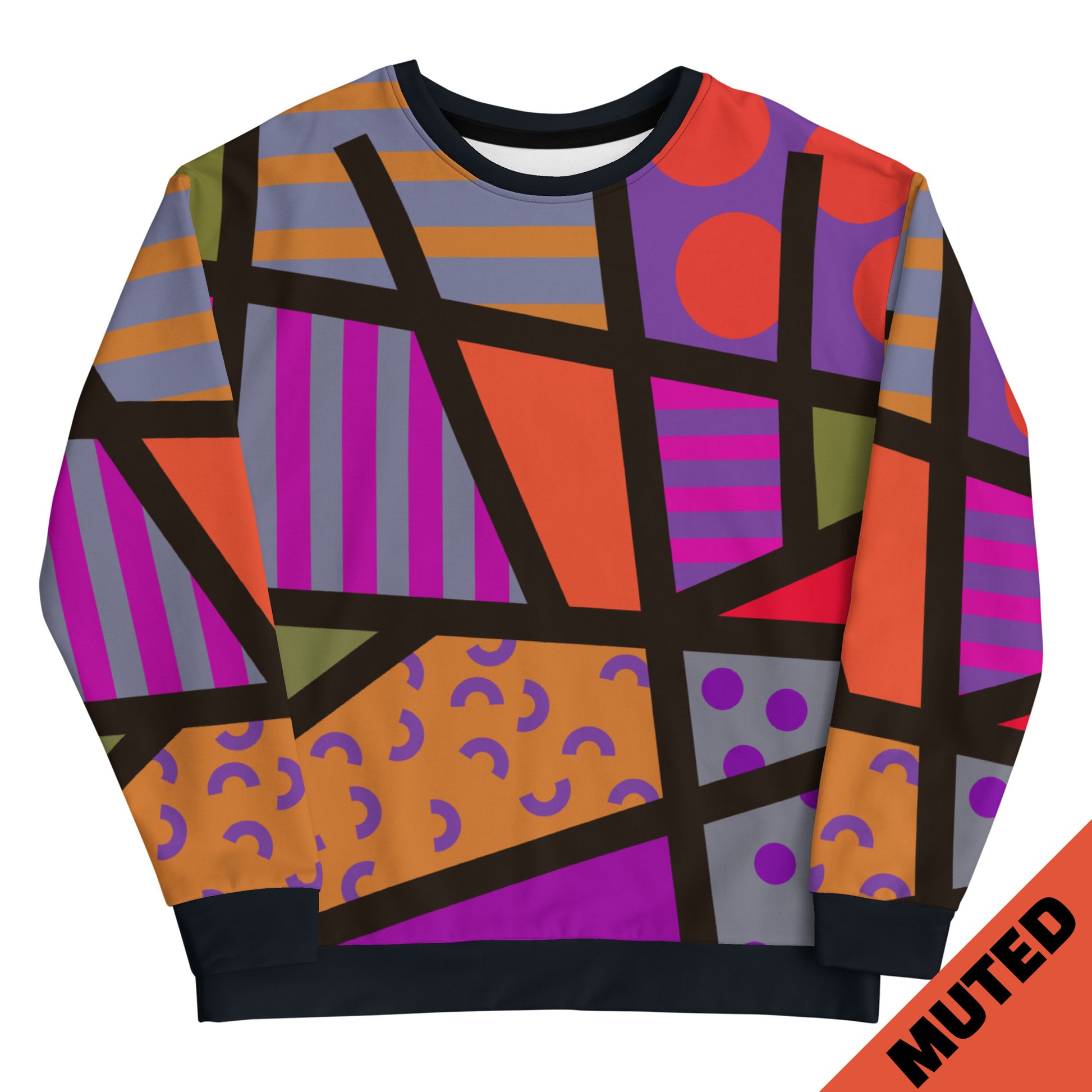 Muted retro 80s Memphis style sweatshirt with geometric patterns and colours by BillingtonPix. Eco recycled fabric. Black crew and cuffs, long sleeves.