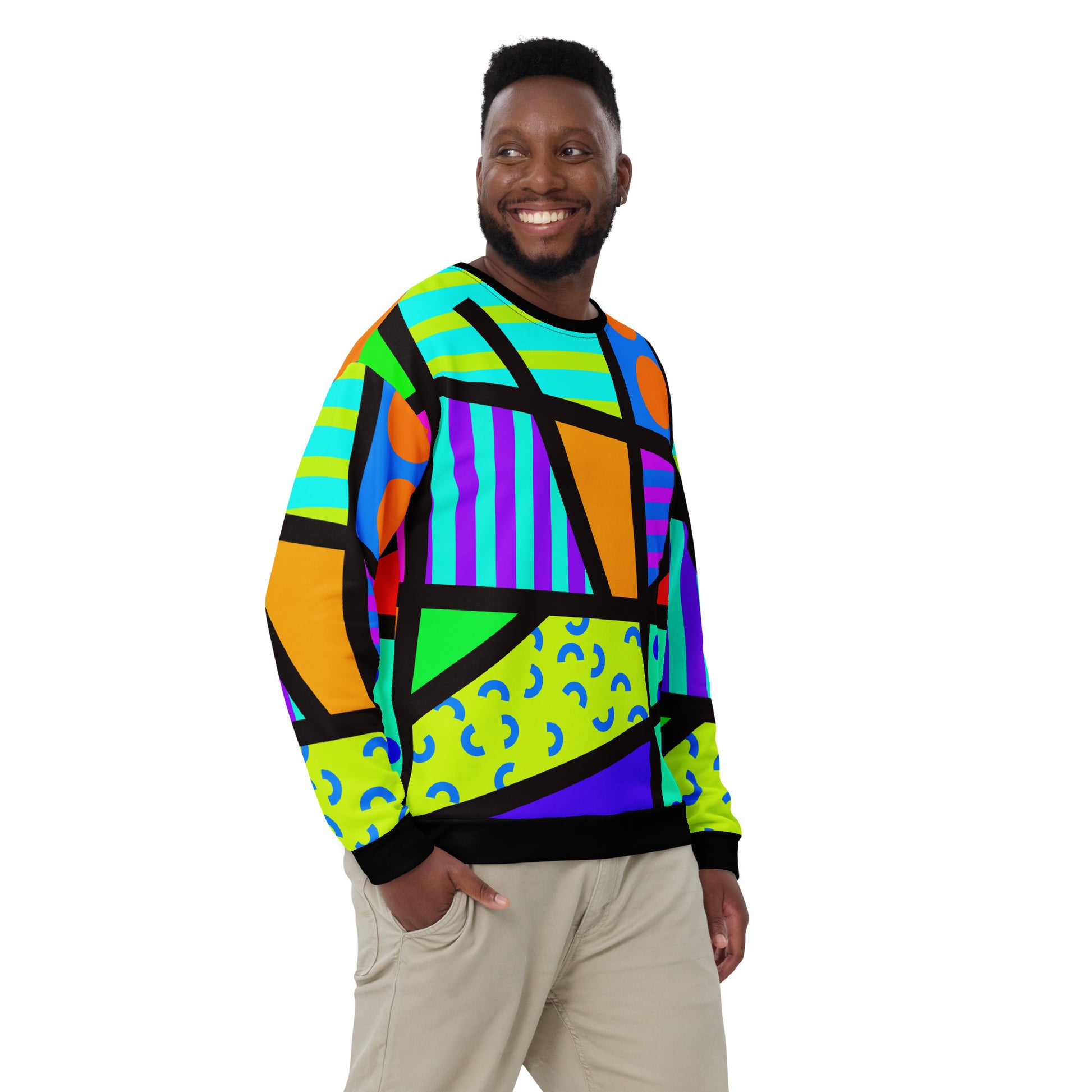 Rainbow retro 80s Memphis style sweatshirt with geometric patterns and colours by BillingtonPix. Eco recycled fabric. Black crew and cuffs, long sleeves.