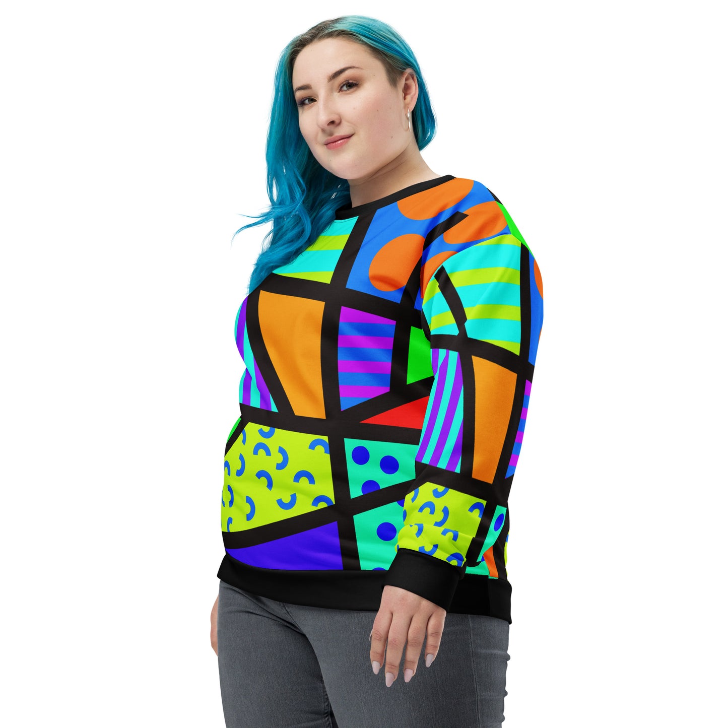 Rainbow retro 80s Memphis style sweatshirt with geometric patterns and colours by BillingtonPix. Eco recycled fabric. Black crew and cuffs, long sleeves.