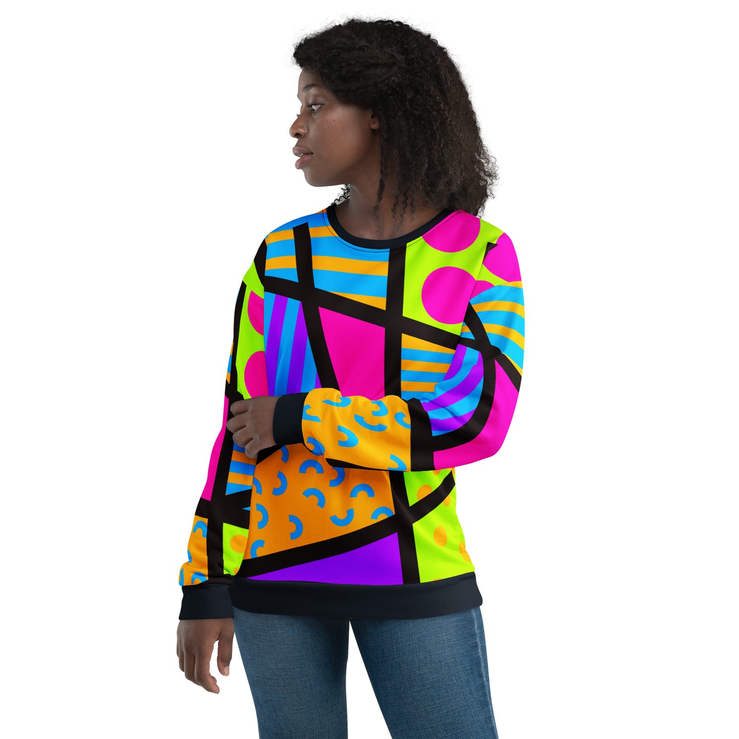 Popping retro 80s Memphis style sweatshirt with geometric patterns and colours by BillingtonPix. Eco recycled fabric. Black crew and cuffs, long sleeves.