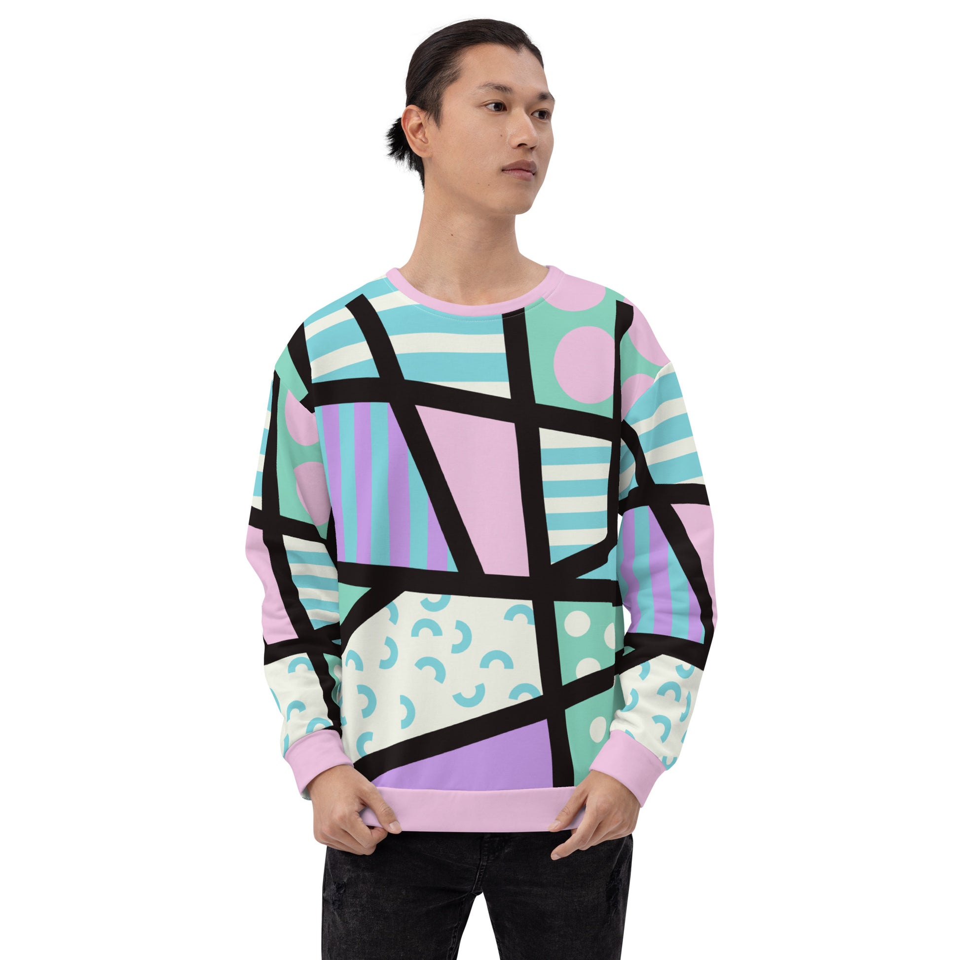 Pastel goth retro 80s Memphis style sweatshirt with geometric patterns and colours by BillingtonPix. Eco recycled fabric. Pink crew and cuffs, long sleeves.