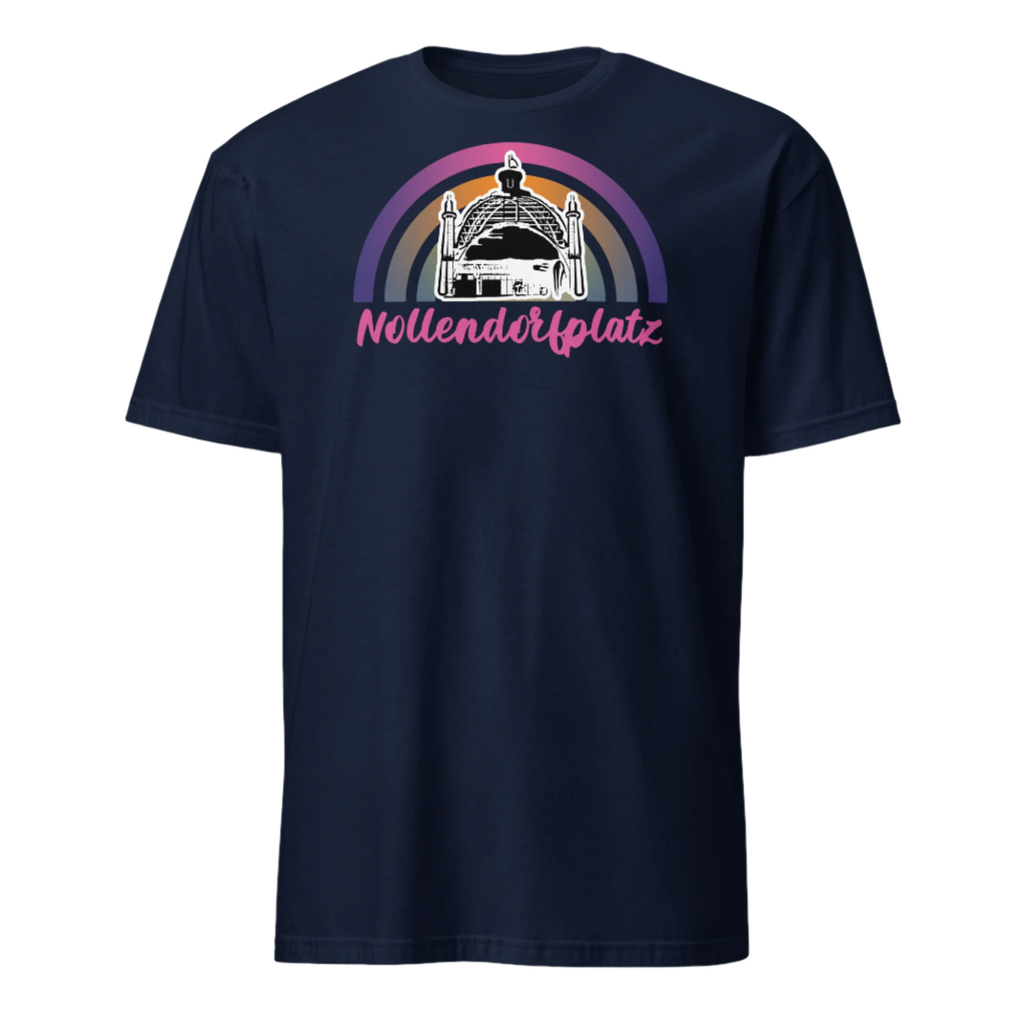 Cartoon outline of the U-Bahn station dome overlaying our concentric sunset graphic design in pinks, orange and purple with the word Nollendoftplatz written beneath in pink cursive font on this navy cotton graphic t-shirt by BillingtonPix