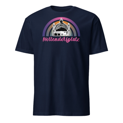 Cartoon outline of the U-Bahn station dome overlaying our concentric sunset graphic design in pinks, orange and purple with the word Nollendoftplatz written beneath in pink cursive font on this navy cotton graphic t-shirt by BillingtonPix