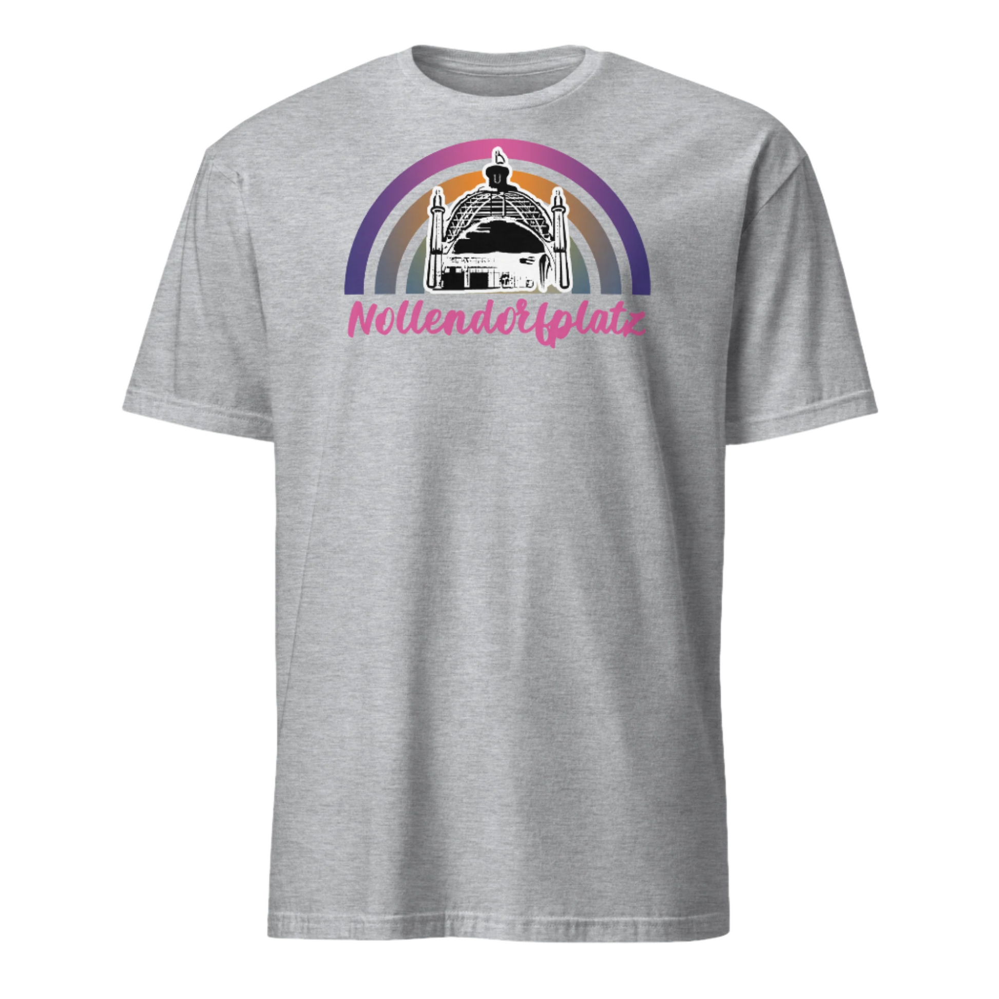 Cartoon outline of the U-Bahn station dome overlaying our concentric sunset graphic design in pinks, orange and purple with the word Nollendoftplatz written beneath in pink cursive font on this sport grey cotton graphic t-shirt by BillingtonPix