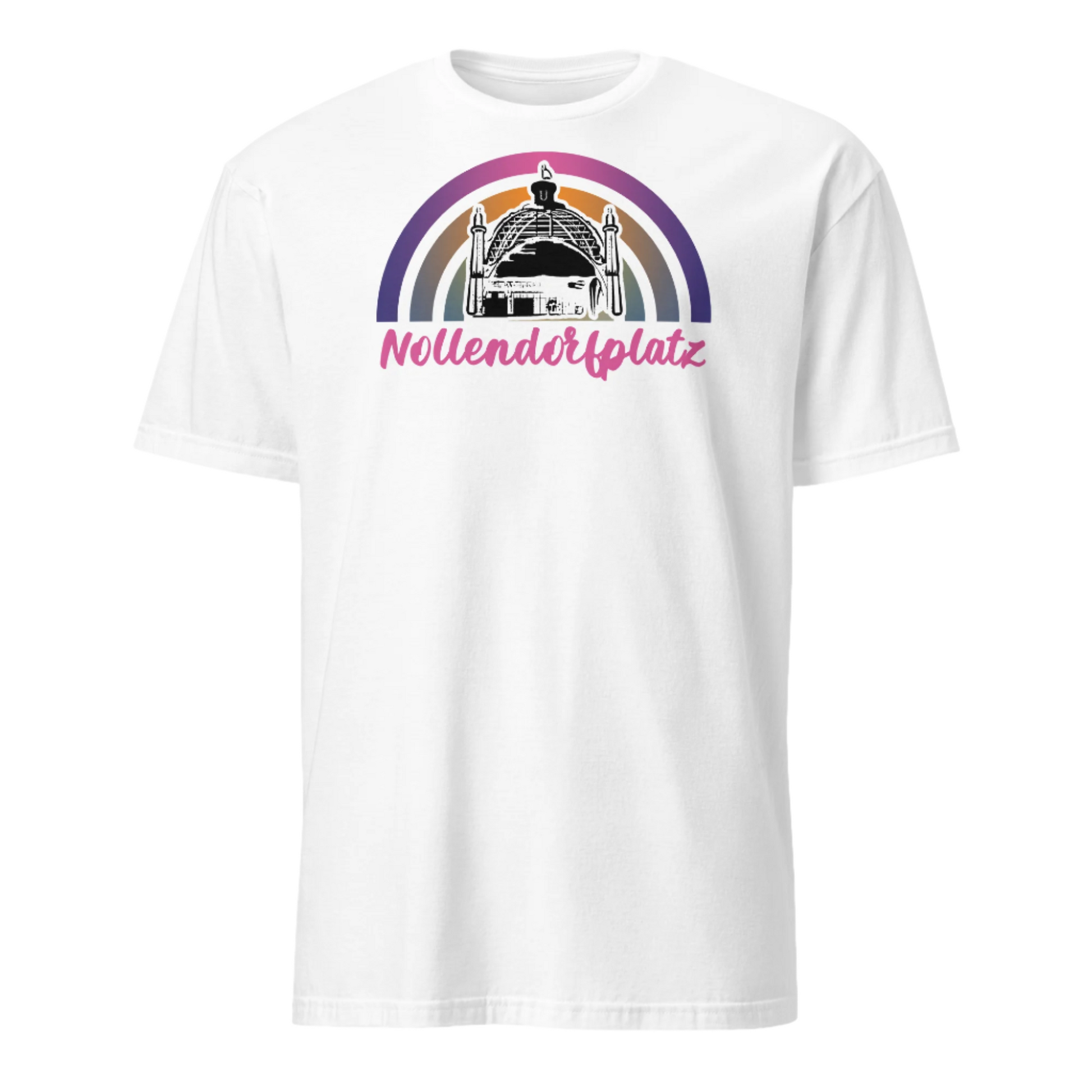 Cartoon outline of the U-Bahn station dome overlaying our concentric sunset graphic design in pinks, orange and purple with the word Nollendoftplatz written beneath in pink cursive font on this white cotton graphic t-shirt by BillingtonPix