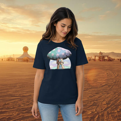 Woman wearing a navy blue t-shirt with a colorful anime mushroom graphic in a desert setting.