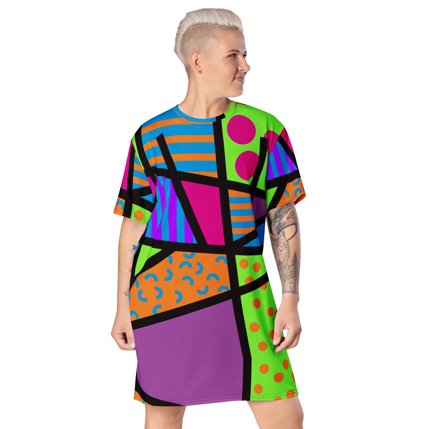 Person wearing a colorful retro 80s memphis design geometric patterned dress on a white background