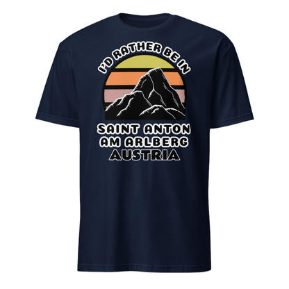 Rather Be in St. Anton am Arlberg T-Shirt, navy with vintage sunset mountain design