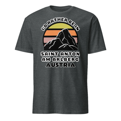 Rather Be in St. Anton am Arlberg T-Shirt, dark heather cotton with vintage sunset mountain design