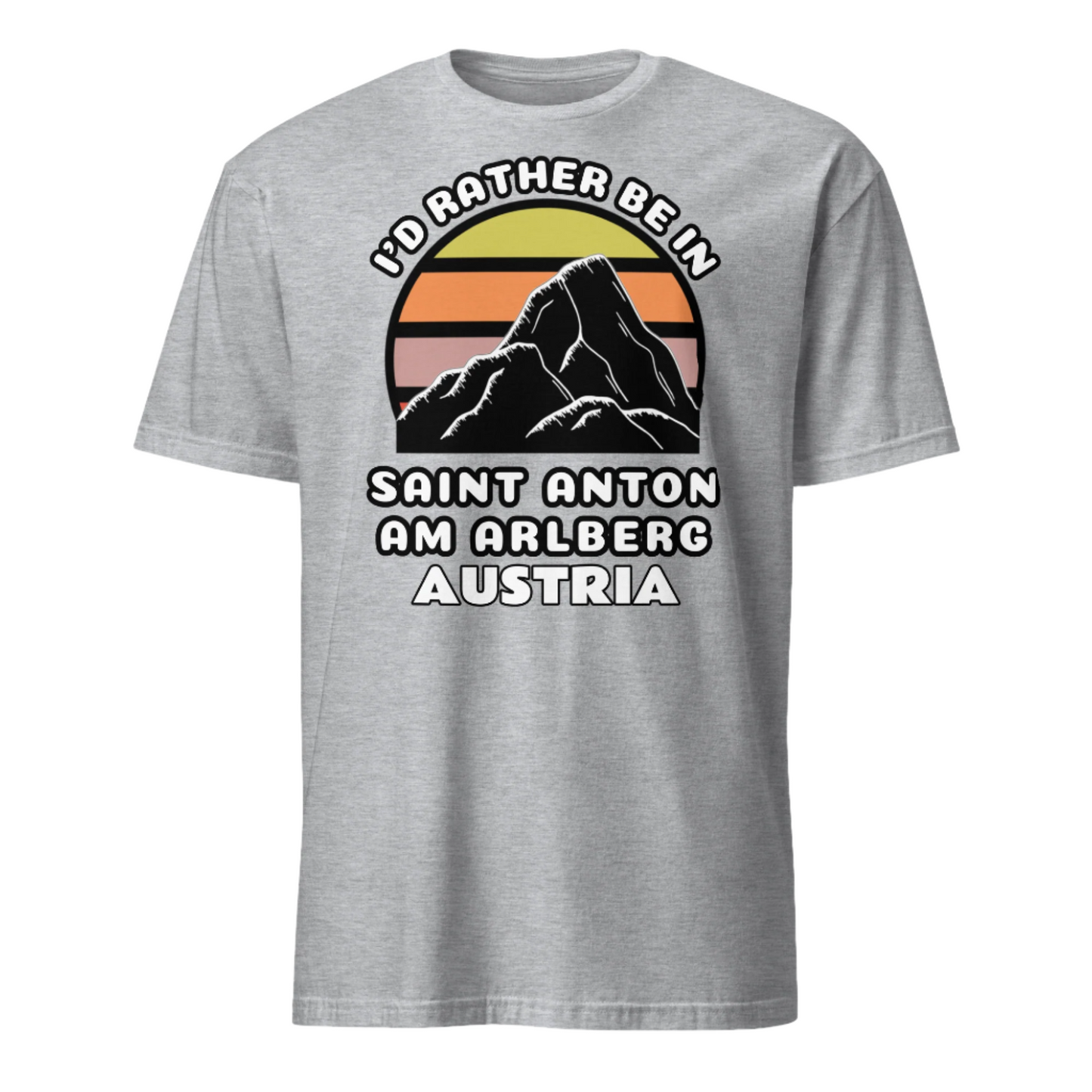 Rather Be in St. Anton am Arlberg T-Shirt, sport grey cotton with vintage sunset mountain design