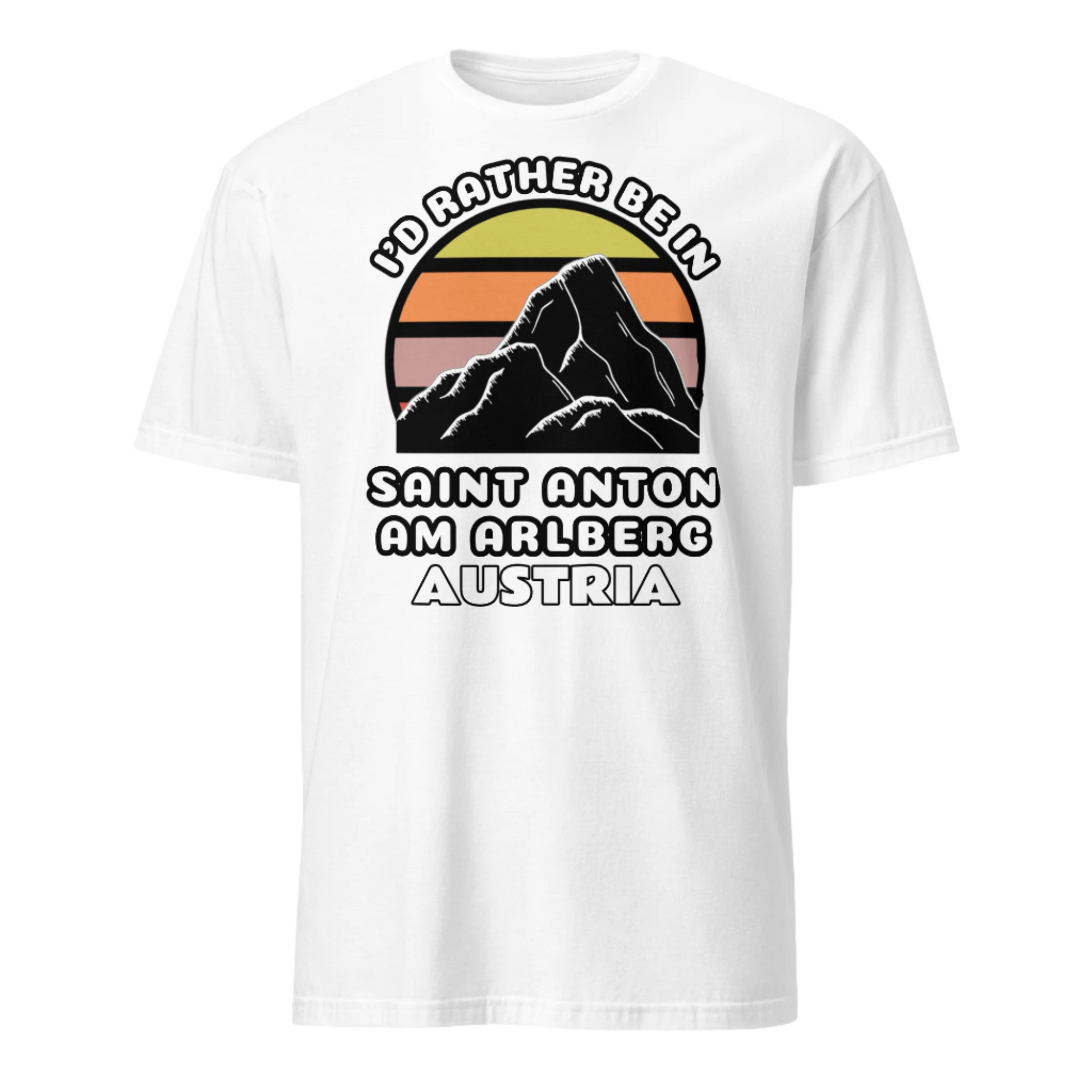 Rather Be in St. Anton am Arlberg T-Shirt, white cotton with vintage sunset mountain design