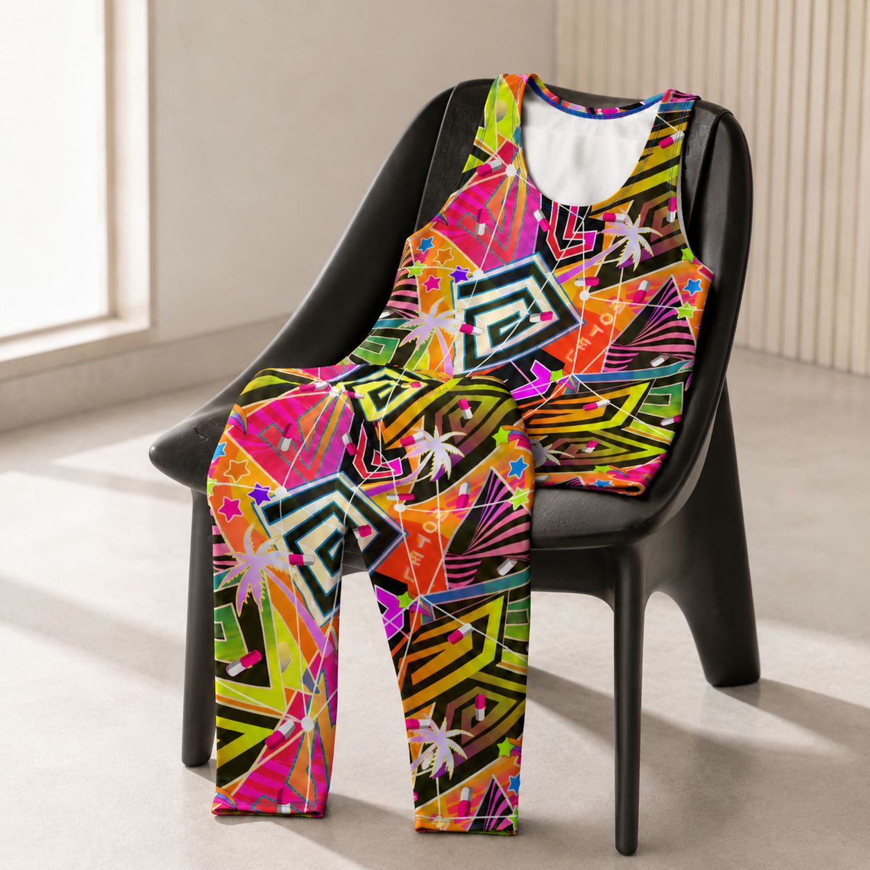 A sleeveless tank top and matching leggings set with a vibrant, colorful abstract geometric print, displayed on a black chair in a brightly lit room.