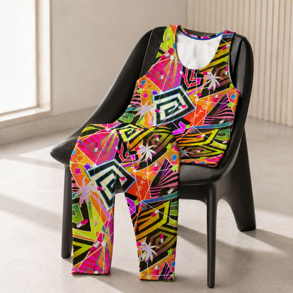 A sleeveless tank top and matching leggings set with a vibrant, colorful abstract geometric print, displayed on a black chair in a brightly lit room.