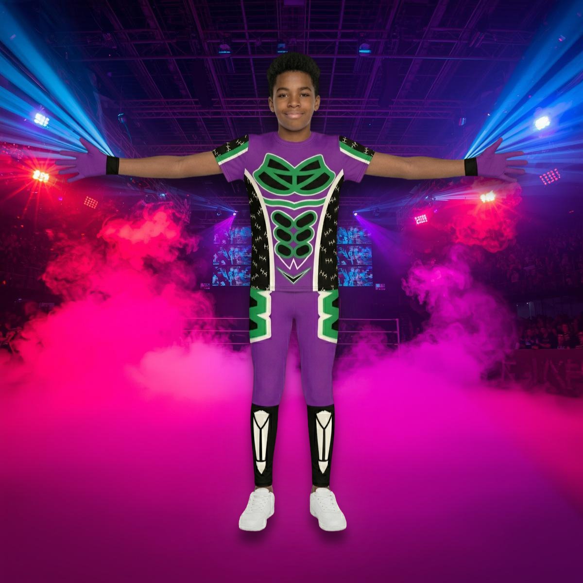boy wearing purple wrestling cosplay outfit as villain wrestler in arena with neon lights and dry ice