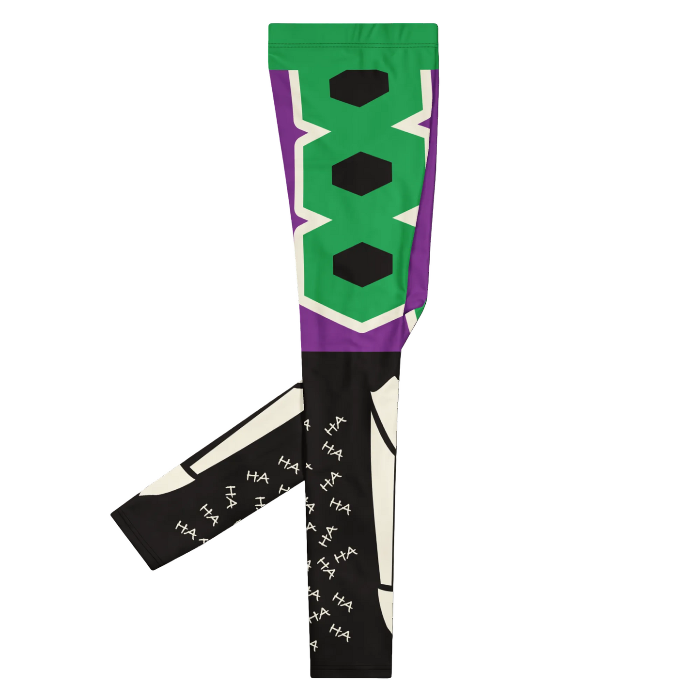 Leggings with green, purple, and black design on a white background