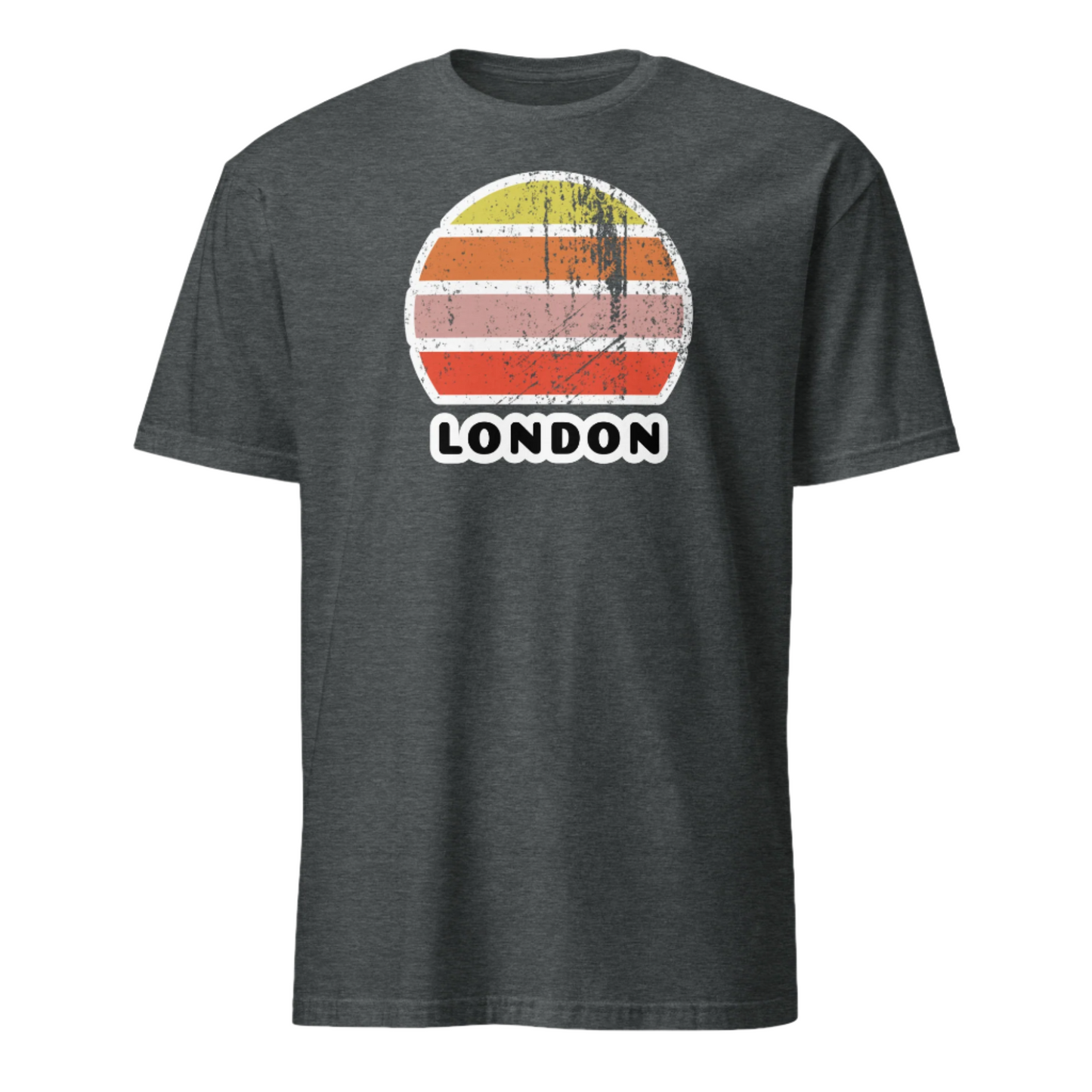 Vintage retro sunset in yellow, orange, pink and scarlet with the name London beneath on this dark heather cotton, unisex, short-sleeved t-shirt