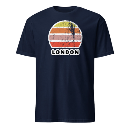 Vintage retro sunset in yellow, orange, pink and scarlet with the name London beneath on this navy cotton, unisex, short-sleeved t-shirt