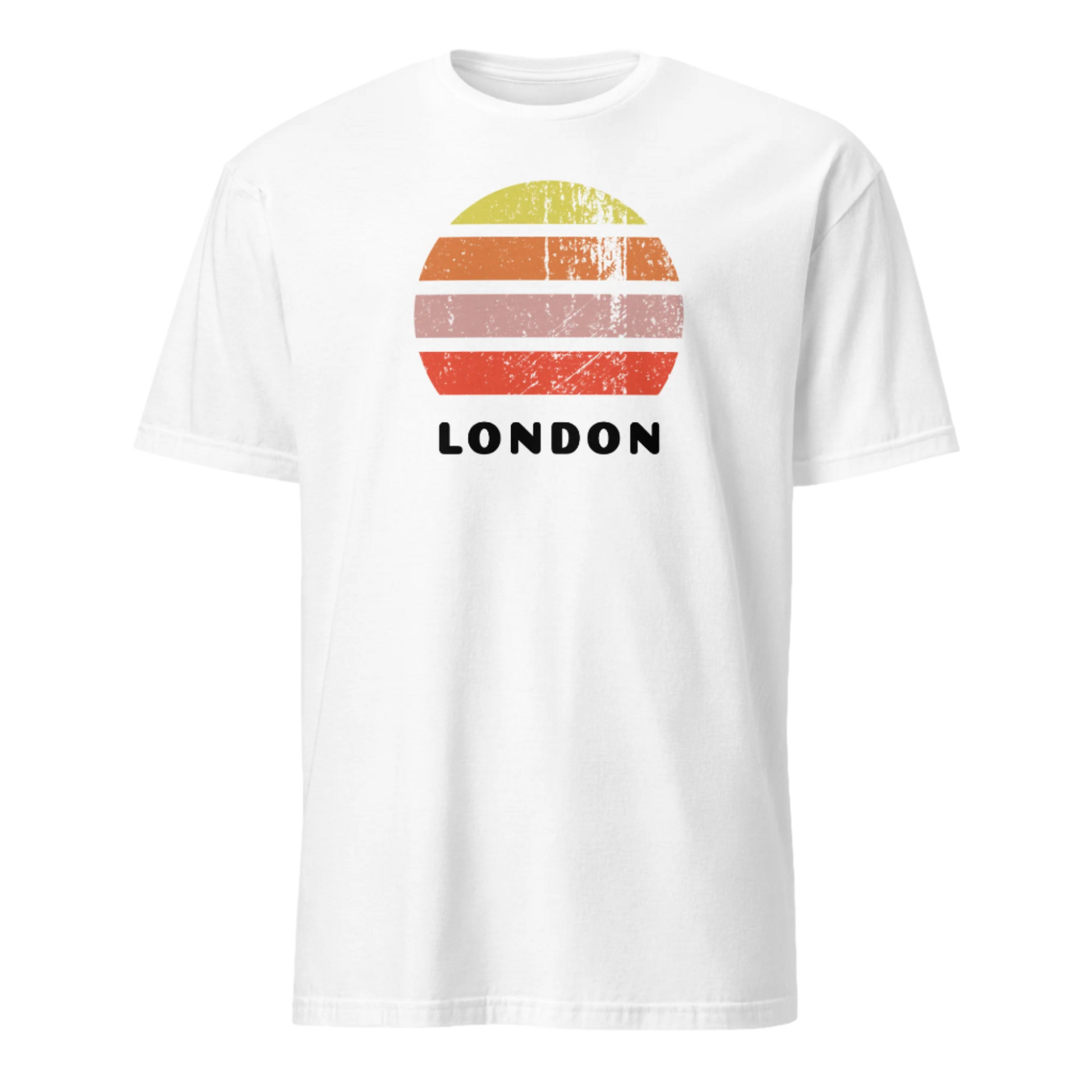 Vintage retro sunset in yellow, orange, pink and scarlet with the name London beneath on this white cotton, unisex, short-sleeved t-shirt