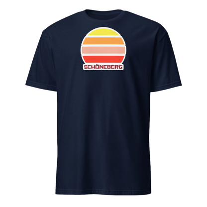 LGBT themed graphic t-shirt featuring vintage sunset graphic and the Berlin place name vintage-sunset-t-shirt-Schöneberg written underneath on this navy cotton t-shirt by BillingtonPix