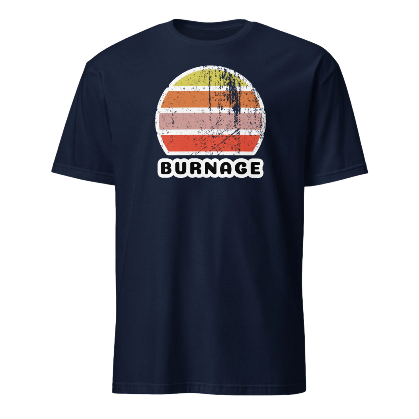 Distressed style abstract retro sunset graphic in yellow, orange, pink and scarlet stripes above the famous Manchester place name of Burnage on this navy-cotton t-shirt