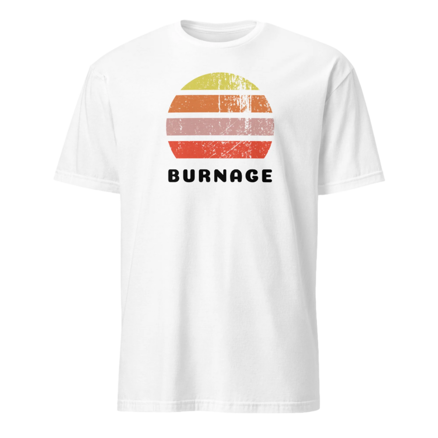 Distressed style abstract retro sunset graphic in yellow, orange, pink and scarlet stripes above the famous Manchester place name of Burnage on this white cotton t-shirt