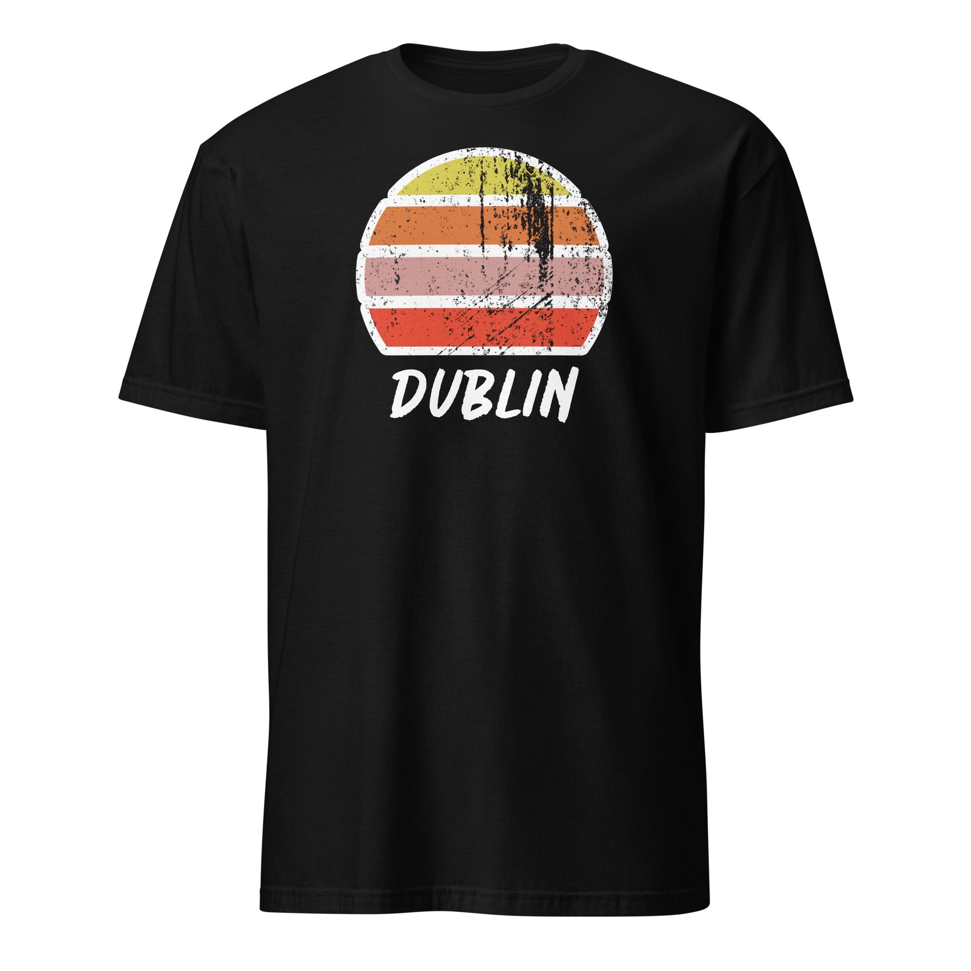 vintage sunset t-shirt Dublin, Ireland in soft pastel tones as a distressed look top. Crew neck and short sleeves on this black cotton tee by BillingtonPix