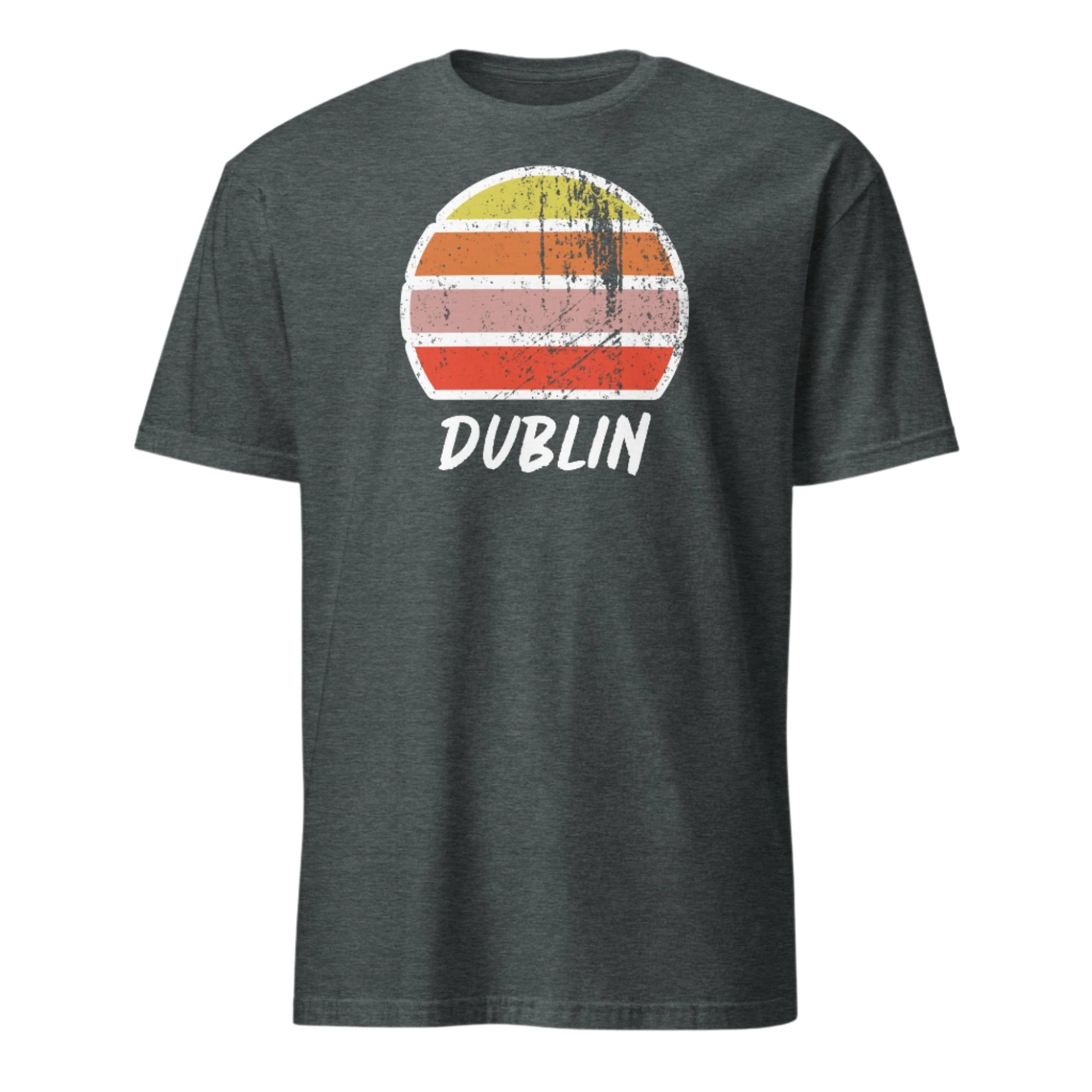 vintage sunset t-shirt Dublin, Ireland in soft pastel tones as a distressed look top. Crew neck and short sleeves on this dark heather cotton tee by BillingtonPix