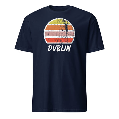 vintage sunset t-shirt Dublin, Ireland in soft pastel tones as a distressed look top. Crew neck and short sleeves on this navy cotton tee by BillingtonPix