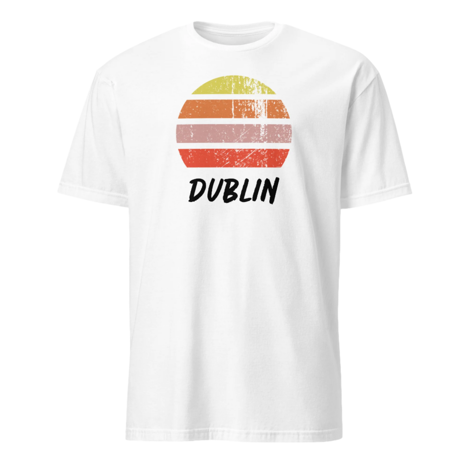 vintage sunset t-shirt Dublin, Ireland in soft pastel tones as a distressed look top. Crew neck and short sleeves on this white cotton tee by BillingtonPix