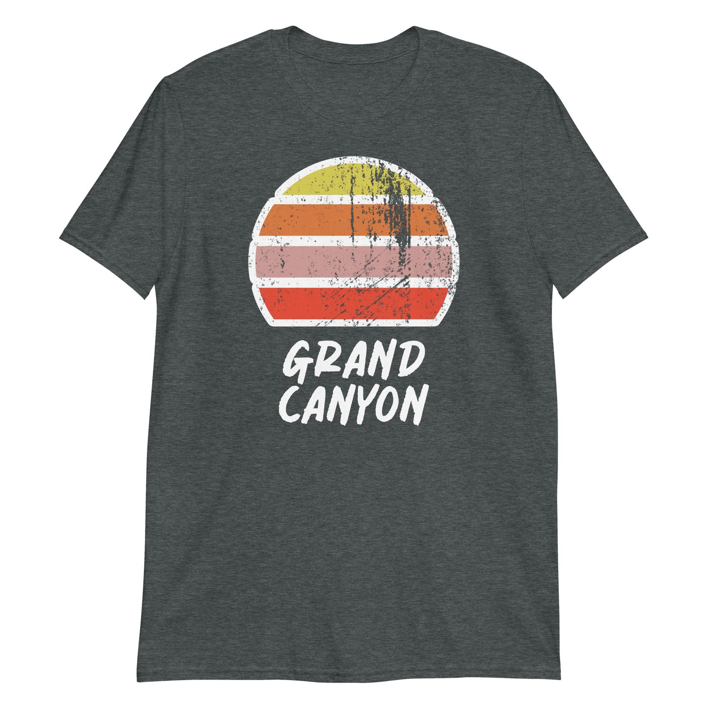 vintage sunset grand canyon graphic cotton t-shirt, with short sleeves and crew neck. Stylised setting sun in a distressed effect in retro colors yellow, orange, pink and above the words Grand Canyon on this dark heather tee by BillingtonPix.