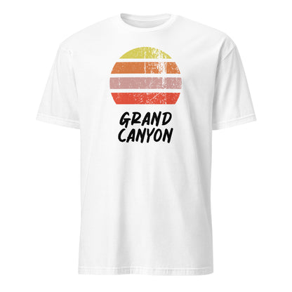 vintage sunset grand canyon graphic cotton t-shirt, with short sleeves and crew neck. Stylised setting sun in a distressed effect in retro colors yellow, orange, pink and above the words Grand Canyon on this white tee by BillingtonPix.