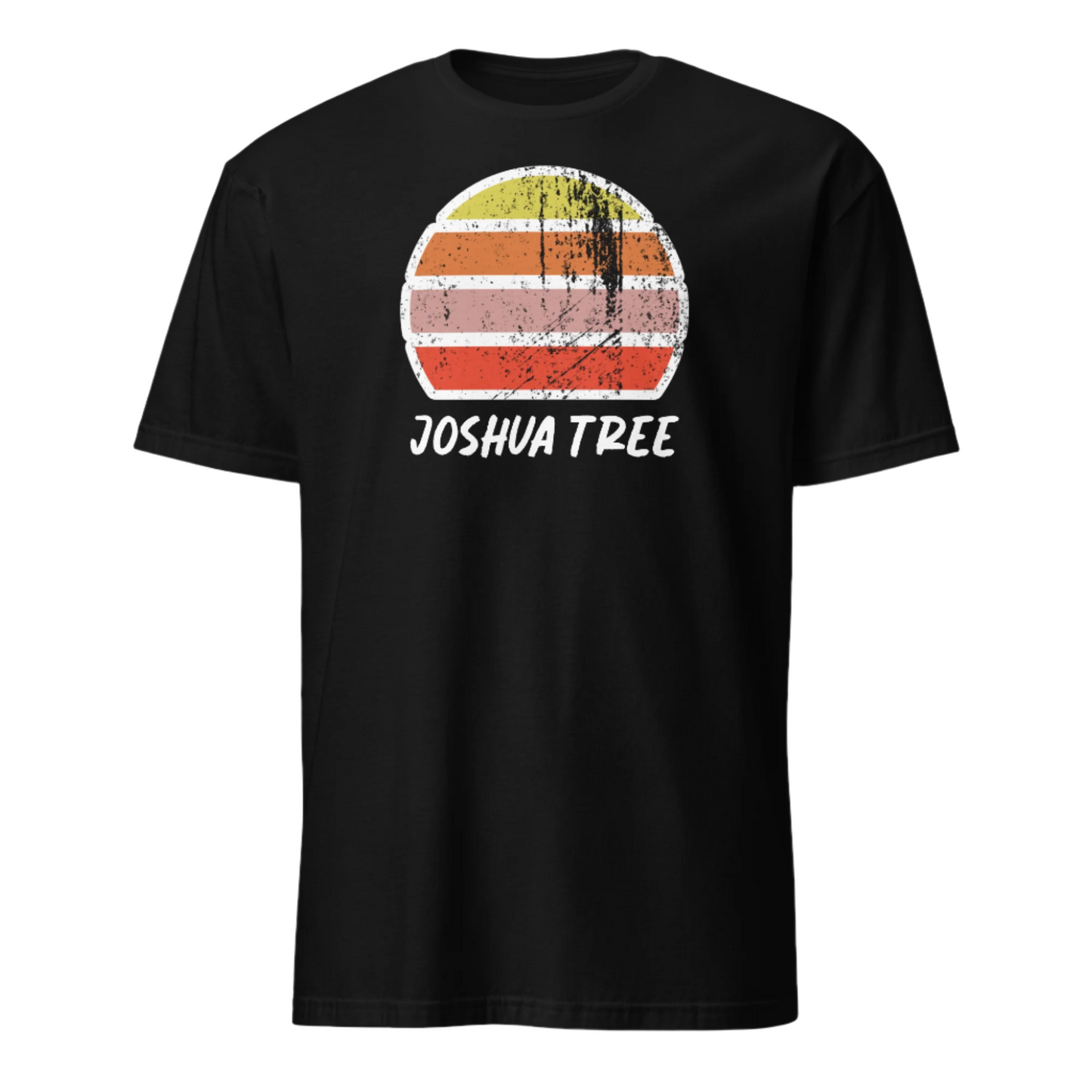 Joshua Tree California vintage sunset graphic t-shirt with a striped sun in yellow, orange, pink and scarlet and the name Joshua Tree underneath on this dark heather t-shirt