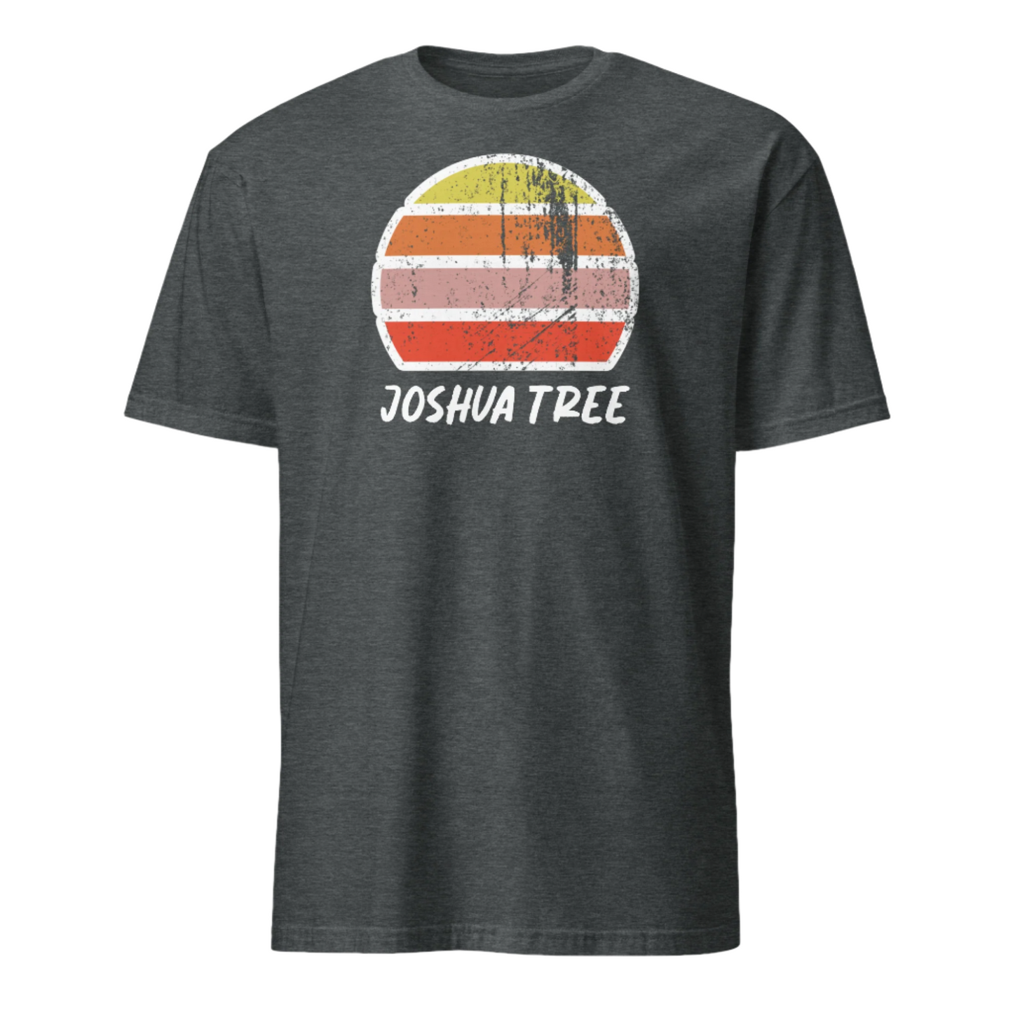 Joshua Tree California vintage sunset graphic t-shirt with a striped sun in yellow, orange, pink and scarlet and the name Joshua Tree underneath on this dark heather t-shirt