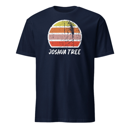 Joshua Tree California vintage sunset graphic t-shirt with a striped sun in yellow, orange, pink and scarlet and the name Joshua Tree underneath on this navy t-shirt