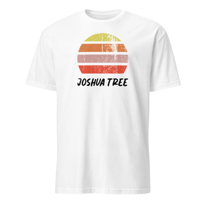 Joshua Tree California vintage sunset graphic t-shirt with a striped sun in yellow, orange, pink and scarlet and the name Joshua Tree underneath on this white t-shirt