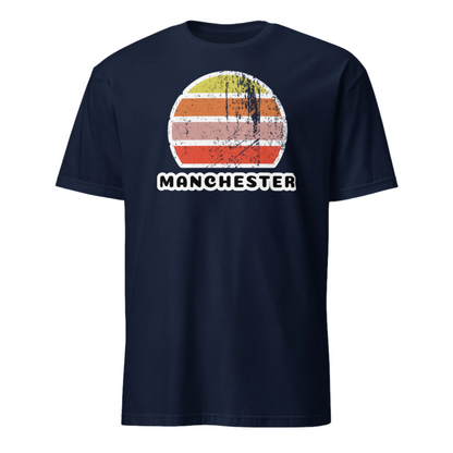 vintage manchester t-shirt in cotton with distressed rising sun in abstract graphic on this short sleeved unisex tee in navy.