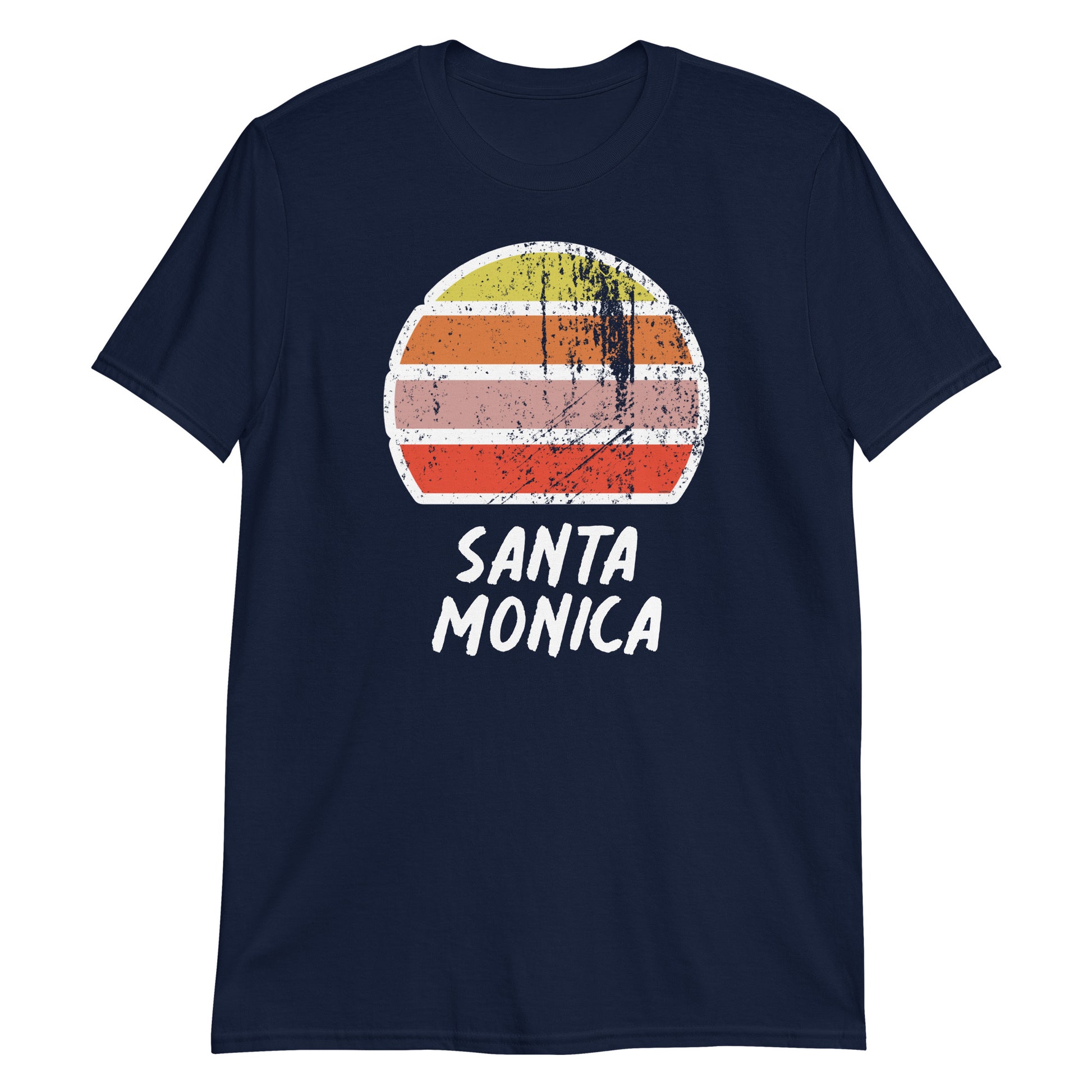 vintage sunset santa monica graphic cotton t-shirt, with short sleeves and crew neck. Stylised setting sun in a distressed effect in retro colors yellow, orange, pink and above the words Santa Monica on this navy tee by BillingtonPix.